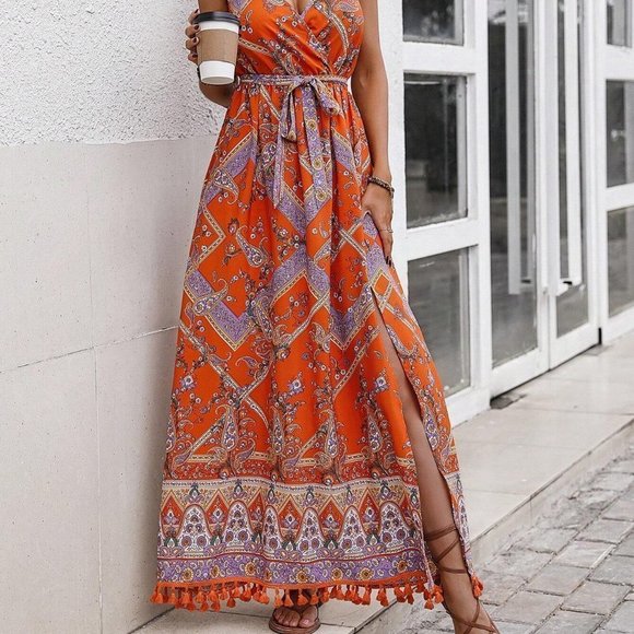 Orange Boho Womens Paisley Print Split Thigh Belted Cami Dress - Picture 5 of 5